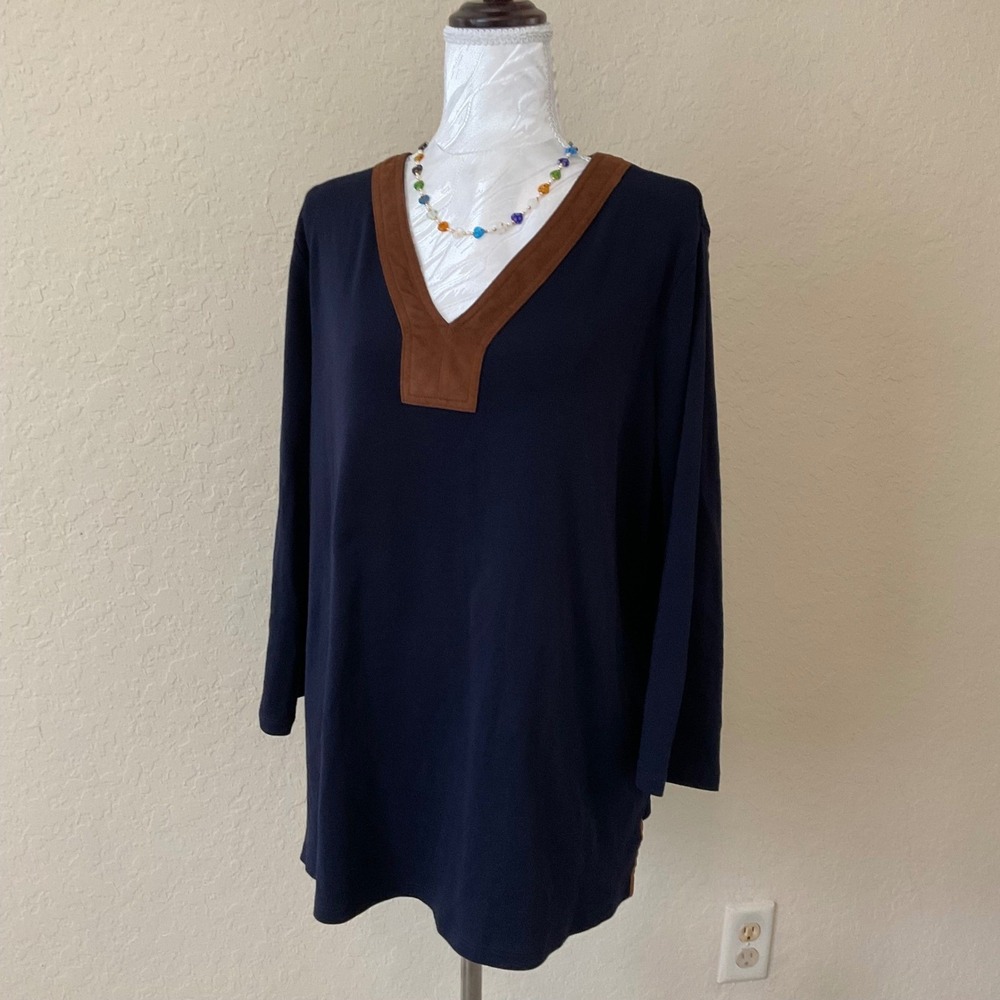 Lauren Ralph Lauren 2X Navy Blue Faux Suede Trim V-Neck Tunic Top 3/4 Sleev